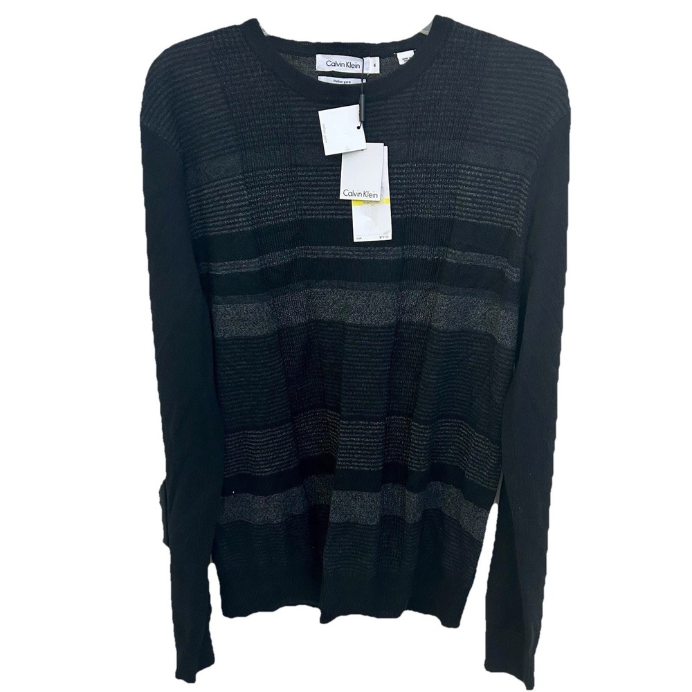 Calvin Klein Men's M Gray & Black Striped Sweater Italian Yarn  Mereno Wool NWT